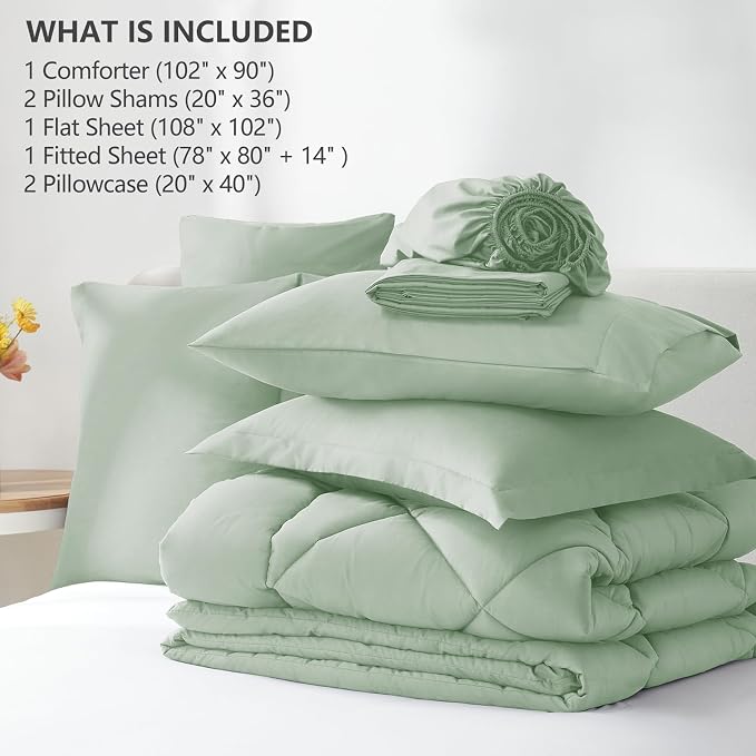 King Size Comforter Set Sage Green - 7 Pieces Complete Bedding Set | OEKO-TEX Certified, All Season, 240GSM Down-Alternative Comforter, Sheets, Pillowcases & Shams, 14" Deep Pocket, Easy Care
