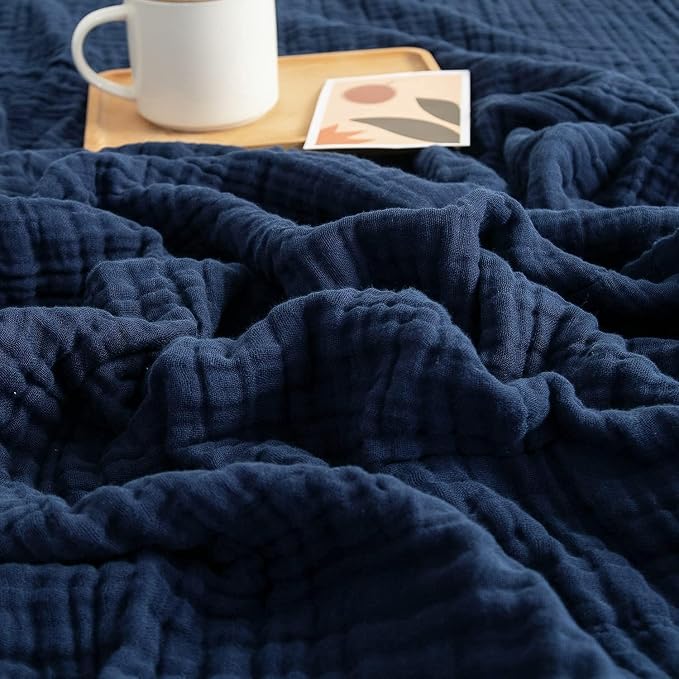 EMME Cotton Muslin Throw Blanket 4 Layer for Adults, Lightweight Breathable Gauze Blanket, Soft All Season Couch Blanket for Couch Bed Travel (Navy, 50"x60")