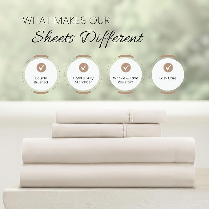 Linen Market Double-Brushed Microfiber Queen Sheet Set 4 Piece – Oeko-TEX Certified Ultra Soft & Wrinkle-Free - 16" Deep Pocket Sheets - Easy Care Queen Size - Ivory