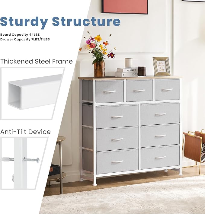 DUMOS 9 Drawer Dresser for Bedroom, Storage Organizer Chest of Drawers | Fabric Bins Storage Tower with Sturdy Metal Frame, Wood Tabletop for Closet, Light Grey
