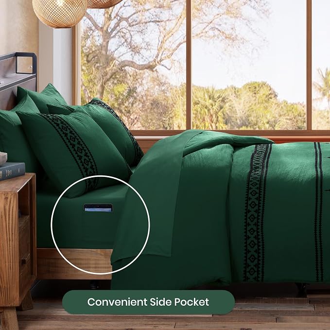 MaiRêve Embroidery King Size Comforter Set 7 Pieces Western Bed in a Bag | Emerald Green Boho Farmhouse Bedding Sets with Comforter, Sheets, Pillowcases & Shams