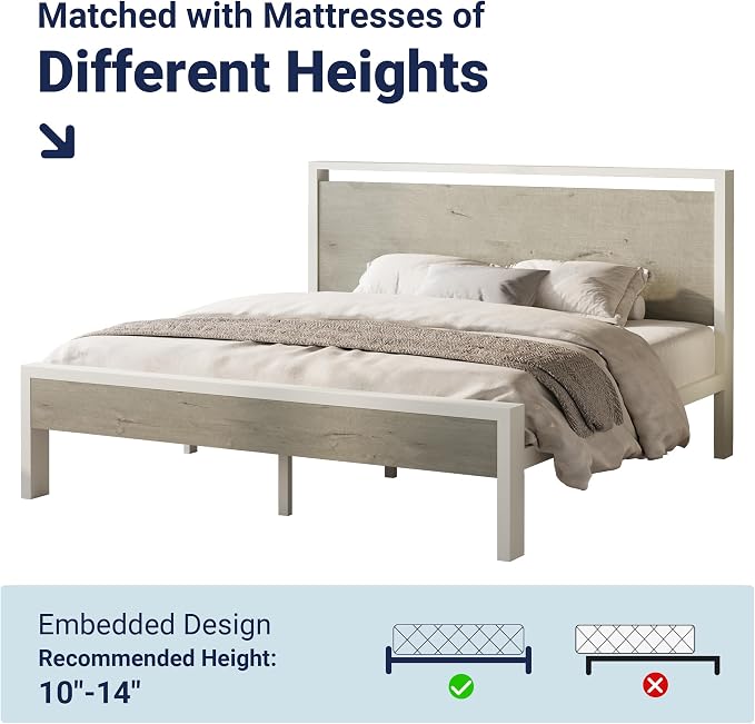 Allewie King Size Bed Frame, Heavy Duty 12 Metal Slats Support, White | Wooden Headboard and Footboard, Modern Platform Bed, No Box Spring Needed, Under-Bed Storage, Noise Free, Easy Assembly