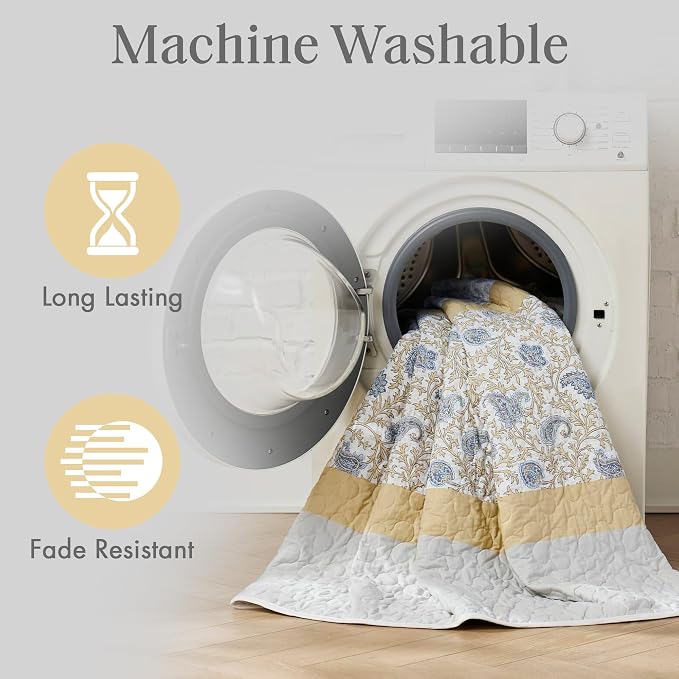 Madison Park 100% Cotton Quilt Set Floral Print, Double Sided Stitching, All Season, Lightweight Coverlet Shabby Chic Bedding Layer, Matching Shams, Full/Queen, Yellow 6 Piece | Double-Sided Stitching Floral Design, All Season, with Shams, Bed Skirt, D...