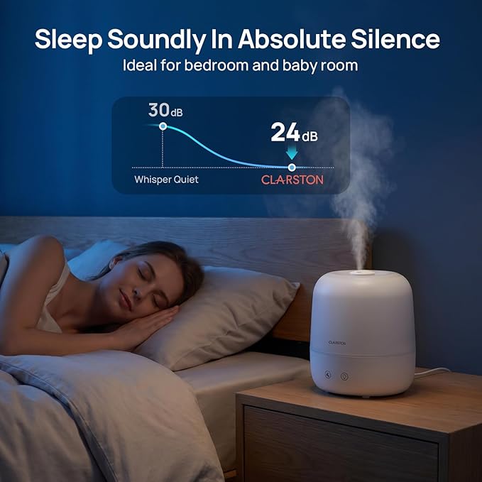 Clarston Humidifiers for Bedroom, 2L Cool Mist Humidifier, 24dB Quiet Sleep | 25H Runtime, Easy to Top Fill & Clean, Humidification for Baby Nursery & Plant, 360° Nozzle for Large Room, Nightlight,No BPA