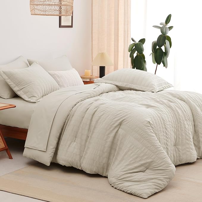 King Size Comforter Set, 7 Pieces Oatmeal Seersucker Bed in a Bag | OEKO-TEX Certified, All Season Bedding Set with 240 GSM Down Alternative Comforter, Flat & Fitted Sheets, Pillowcases & Shams