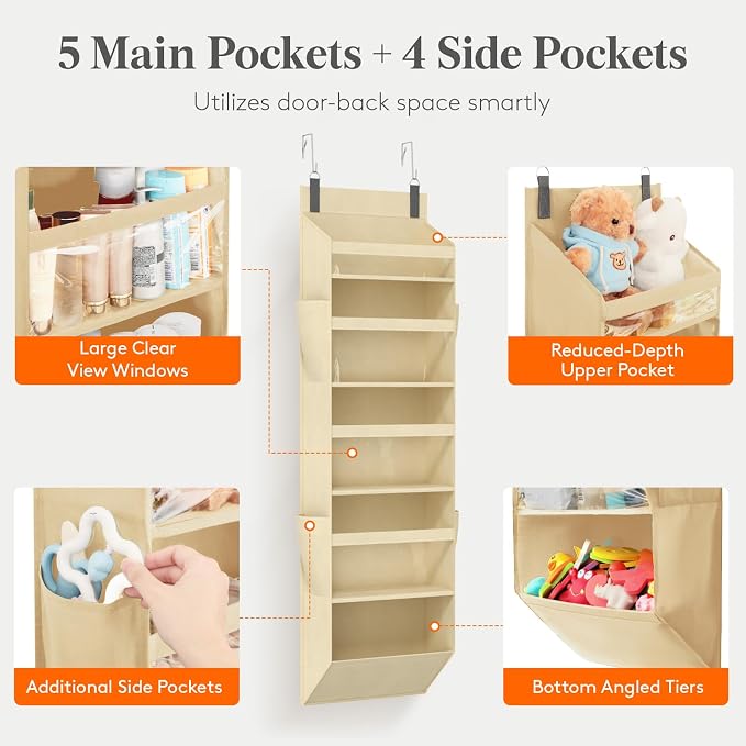 Lifewit 1 Pack Over the Door Organizer, Clear Window Hanging Storage with 4 Side Pockets, Anti Tilt 40 lbs Load Behind Door for Pantry, Nursery, Bathroom, Bedroom, Dorm, 5 Section, Beige