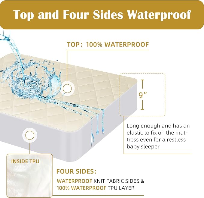 Organic Crib Mattress Protector - Top&Side 100% Waterproof Protector | Organic Mattress Protectors for bed | 5-Sided Waterproof Protection | Noiseless & Breathable | Crib Size 52x28x9 in