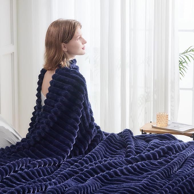 NEWCOSPLAY Fleece Ribbed Cozy Queen Blanket for Couch, Dark Navy, 90"x90" | Premium Silky Flannel Blanket, Soft Lightweight Fluffy Throw Blanket for Bed Sofa Decor, Gift for All Season Use