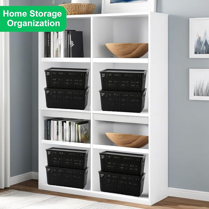 6 Pack Plastic Storage Baskets with Lid,Black Stackable Bins | Durable Woven Plastic With handle Breathable,Save space ,For Organizing Desktops, Closets, Playrooms, Classrooms, Offices