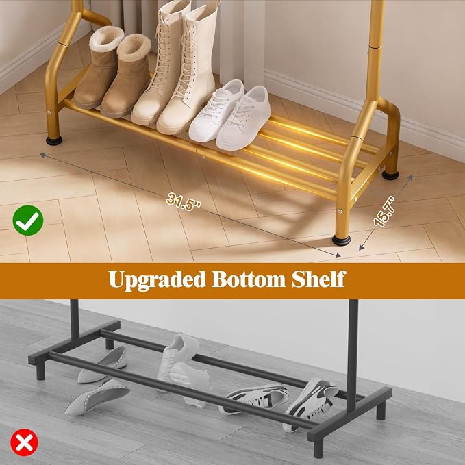Sturdy Clothing Racks with Shelf, Metal Clothes Rack with Leveling Feet for Hanging Clothes, Freestanding Garment Coat Rack for Bedroom, Apartment & Small Spaces, Gold