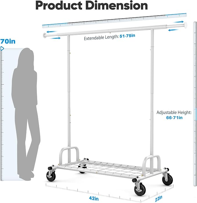 HOKEEPER Clothes Rack Collapsible Clothing Rack Capacity 525LBS White | Clothing Racks on Wheels Heavy Duty Rolling Clothes Rack for Hanging Clothes for bedroom, Commercial, 22"D x 75"W x 71"H