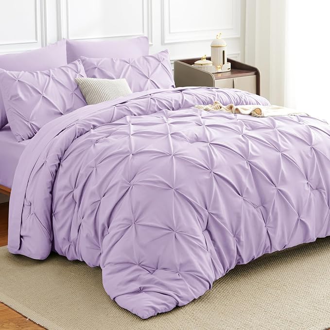 HIMEET Queen Comforter Set Lavender - 7 Pieces Pintuck Bed in a Bag | OEKO-TEX Certified, 240GSM Down Alternative Comforter, 14" Deep Pocket Fitted Sheet + Flat Sheet + 2 Pillowcases + 2 Shams