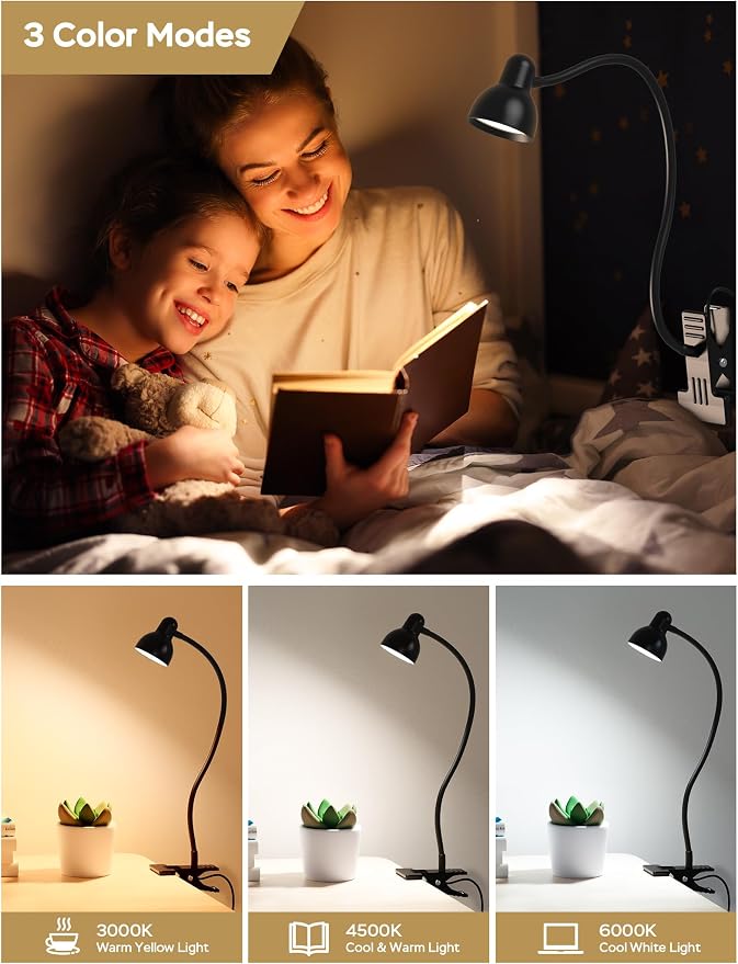 LiFMIRA Clip-on Reading Light - 3 Color Modes, 10 Dimmable Brightness,Black | Eye Care Clamp Desk Lamp with Flexible Gooseneck for Reading in Bed, Desk, Headboard, Computer