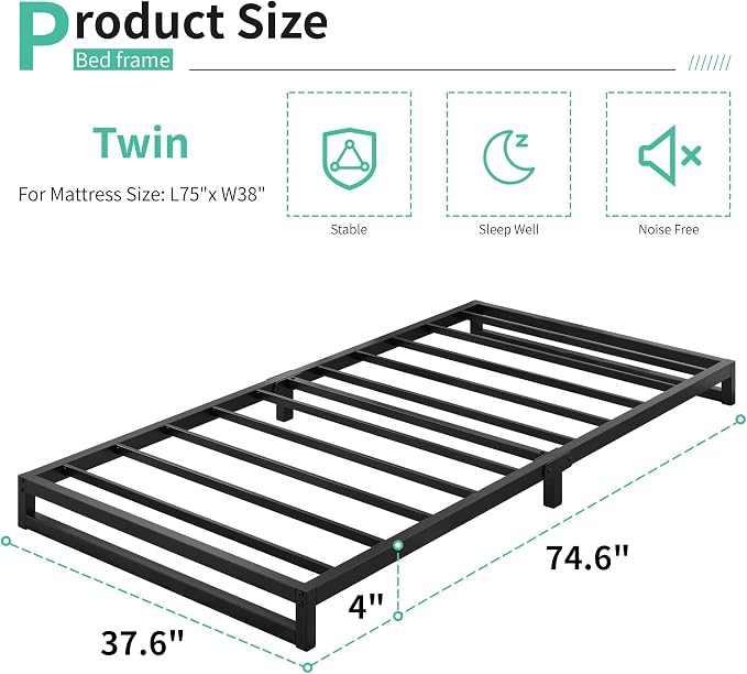 Lutown-Teen 4 Inch Twin Size Bed Frames with Heavy Duty Steel Slat Support | Twin Platform Bed Frame No Box Spring Needed, Noise Free, Easy Assembly, Black