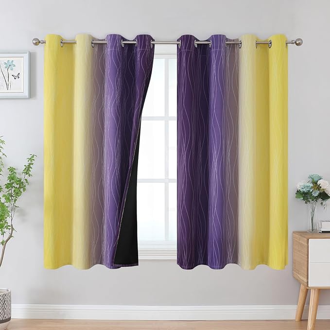 Yellow and Purple Ombre Blackout Curtains for Bedroom 45 Inches Long | Estelar Textiler Light Blocking Curtains for Short Window,Thermal Insulated,Room Darkening Grommet Drapes,52Wx45L,2 Panels