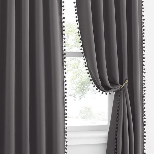 NICETOWN 2 Panels Blackout Curtains, Rod Pocket Pom Pom Curtains Panels for Small Window, Famrhouse Thermal Insulated Cute Room Darkening Drapes for Nursery Room, W42 x L63 inches, Dark Grey