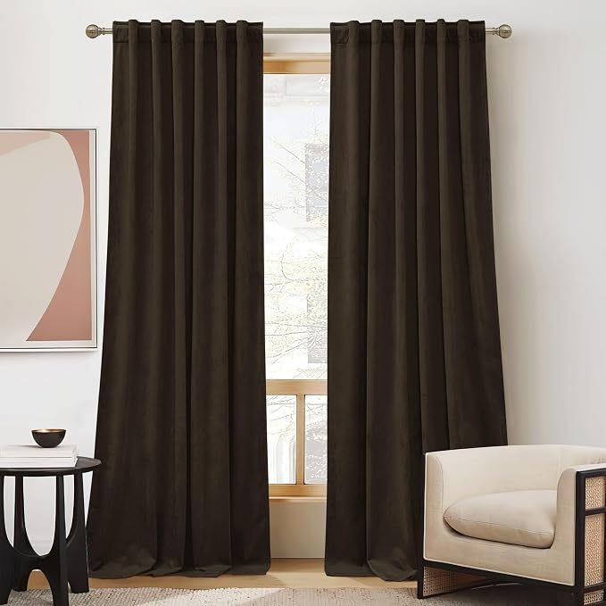 RYB HOME Velvet Room Darkening Curtains for Living Room 72 inches Long | Thermal Insulated,Privacy UV Heat Blocking,Noise Reducing,Drapes for Kids Room Sunroom,Dark Brown,W 52 x L 72,2 Panels Set