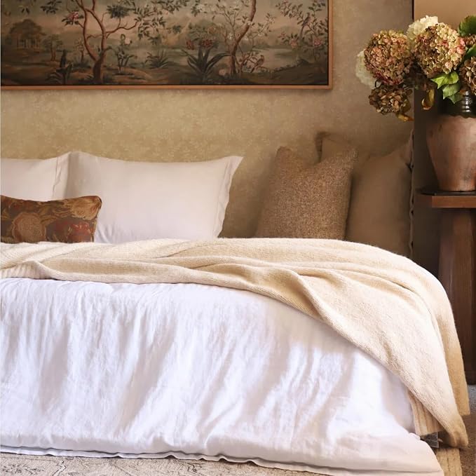 Simple&Opulence 100% French Linen Duvet Cover Set with Embroidered,3 Pcs Washed Soft Farmhouse Bedding Set with Button Closure,1 Comforter Cover and 2 Pillowshams(King,White)