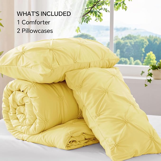 BEDELITE King Comforter Set Light Yellow,Lightweight & Soft Comforter | Pintuck Boho Bedding, Warm & Cute Bed Set for All Season,With 2 Pillowcases