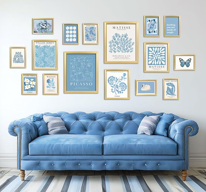16 PCS Blue Wall Art Decor, Matisse Gallery Wall Prints for Bedroom, Light blue posters for Room Aesthetic, Collage Kit Pictures for Living Room, Teen Girls Dorm Home Artwork