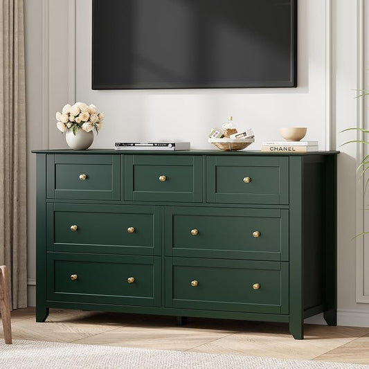 Garvee 7 Drawer Dresser for Bedroom, 54" Wide Modern Large Chest of Drawers with Metal Knobs, Wooden Clothes Storage Organizer for Closet, Nursery, Living Room, Apartment, Green | Lacquered Finish, Metal Knobs, Clothes Storage Organizer for Closet, Nur...