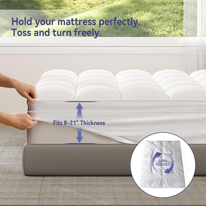 ELEMUSE Cal King Mattress Topper, Extra Thick Pillow Top Mattress Pad Cover | Plush soft breathable bed topper for back pain relief, with elastic deep pocket and overfilled down alternative filling