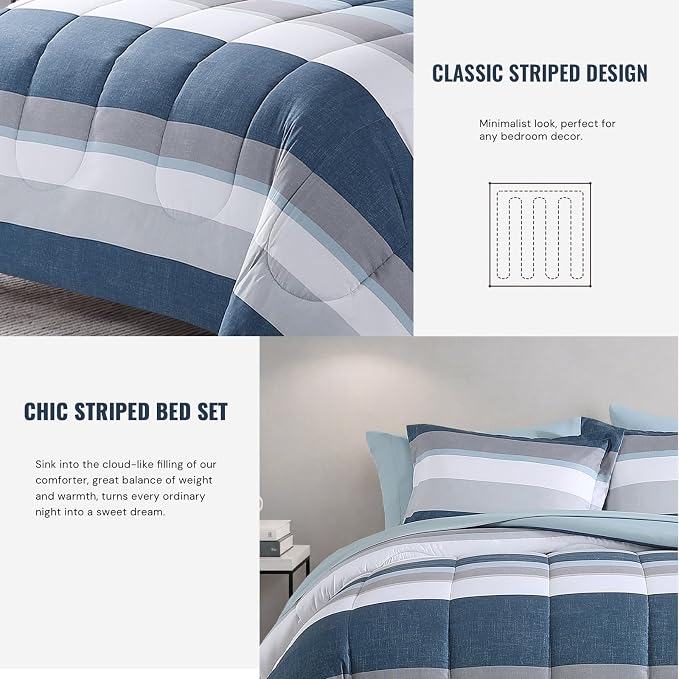 Monbix Queen Comforter Set-7 Pieces Striped Bed in a Bag Queen Bedding Sets | All Season Sailor Blue Reversible Soft Comforter Bed Set with Sheets, Pillowcases & Shams