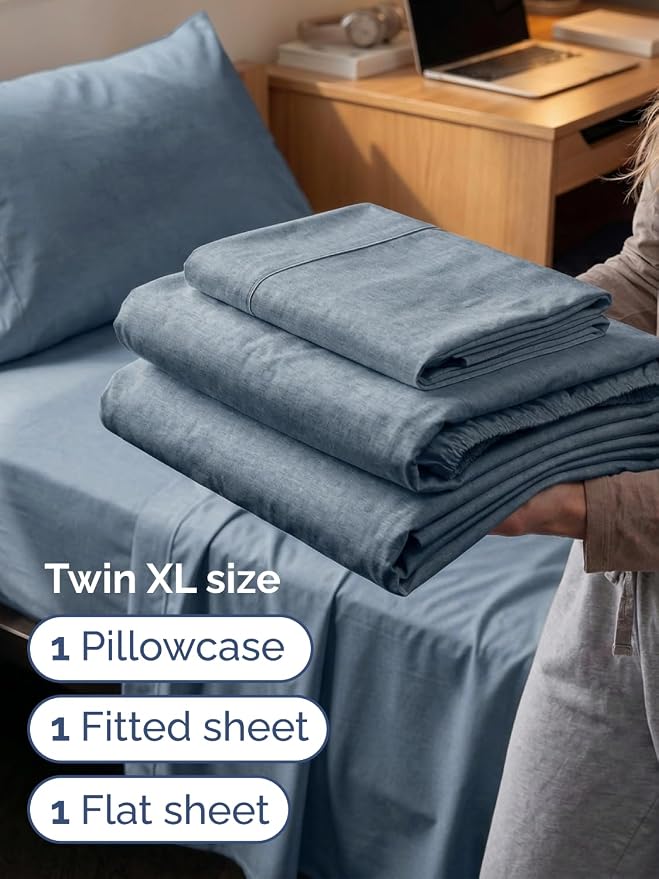 Extra Deep Twin XL Sheet Set - 3 Piece College Dorm Room - Heathered Blue | Soft, Breathable & Cooling, Easily Fits 18 to 24 inch Mattress, Wrinkle Free & Fade Resistant with Extra Deep Pockets