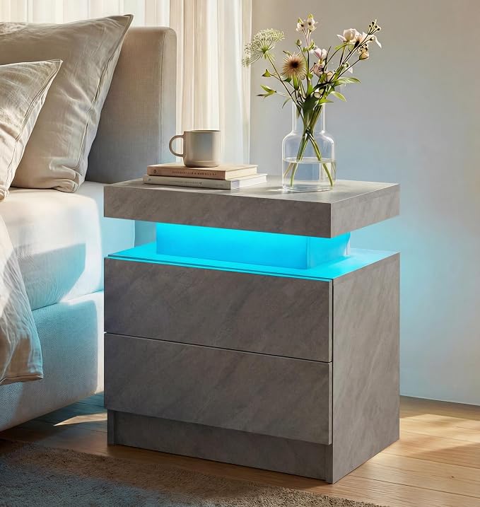 i-aplus LED Nightstand with Wood 2 Drawers Modern Bedside Table for Bedroom | Nightstands with App-Controlled RGB LED Lights, Night Stand with Storgae Drawer, Modern Bedside Table for Bedroom