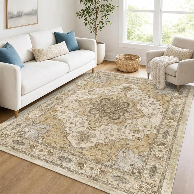 AMADA HOMEFURNISHING 8x10 Area Rug for Living Room, Vintage Washable Area Rug Low-Pile & Non-Slip Carpet for Bedroom Dining Room Nursery Home Office, Beige/Cream