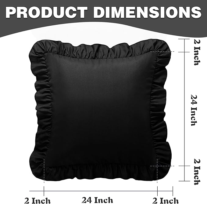 KKJIAF 2 Pack Ruffle Pillow Cases 24x24 Inches, Black | Square Ruffled Pillow Covers, Microfiber Wrinkle Resistant Pillow Shams with Envelope Closure for Sofa Bed Living Room