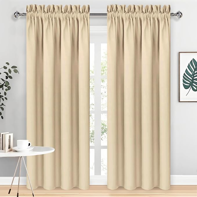 DWCN Wide Blackout Curtains for Bedroom Living Room 60 x 84 Inch Long Beige | 2 Panels Set, Room Darkening, Thermal Insulated, Light Blocking, Rod Pocket Drapes, Noise Reducing Window Treatments