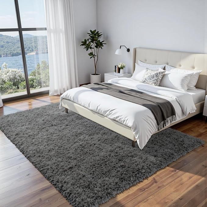 6x9 Fluffy Shag Area Rugs for Living Room Bedroom: Soft Plush Carpet Grey | Upgraded Non-Slip Thick Memory Foam, Ultra Soft, Non-Shedding Fuzzy Carpet, Easy Clean Decor for Kids Room, Nursery, Playroom