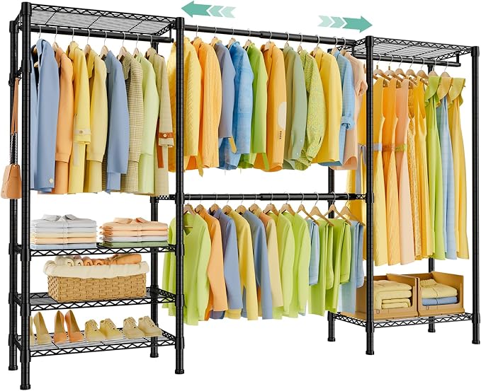 SEMHOR E06 Expandable Heavy Duty Clothes Rack for Reach-in Closet | Freestanding Clothing Racks with Shelves, Carbon Steel Closet Organizer System Adjustable 70.8-93.9", Max Load 800LBS, Black