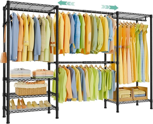 SEMHOR E06 Expandable Heavy Duty Clothes Rack for Reach-in Closet | Freestanding Clothing Racks with Shelves, Carbon Steel Closet Organizer System Adjustable 70.8-93.9", Max Load 800LBS, Black