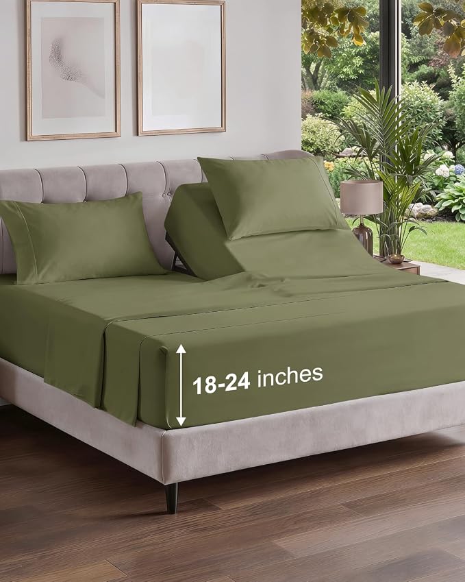 Flex Top Split Head King Sheet Set - 4 Piece Extra Deep Sheets - Sage Green | Easily Fits 18 to 24 inch Mattress, Ultra Soft, Wrinkle & Fade Free with Extra Deep Pockets, Comfy Hotel Luxury Bedding