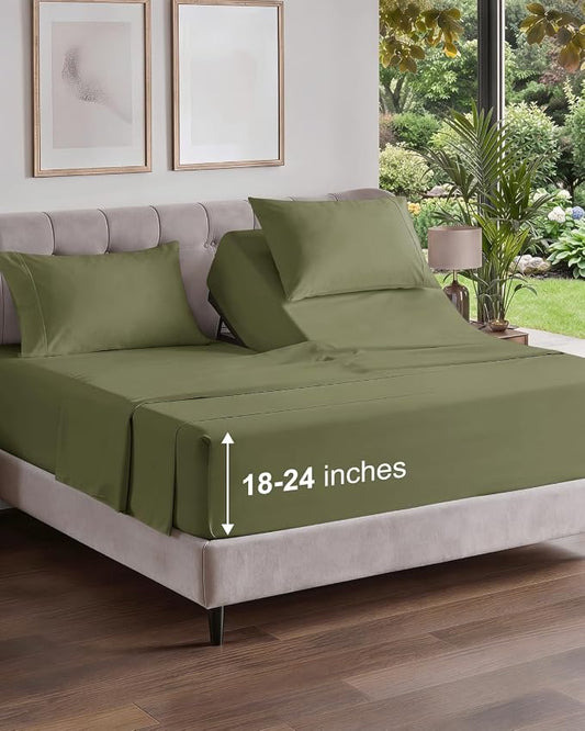 Flex Top Split Head King Sheet Set - 4 Piece Extra Deep Sheets - Sage Green | Easily Fits 18 to 24 inch Mattress, Ultra Soft, Wrinkle & Fade Free with Extra Deep Pockets, Comfy Hotel Luxury Bedding