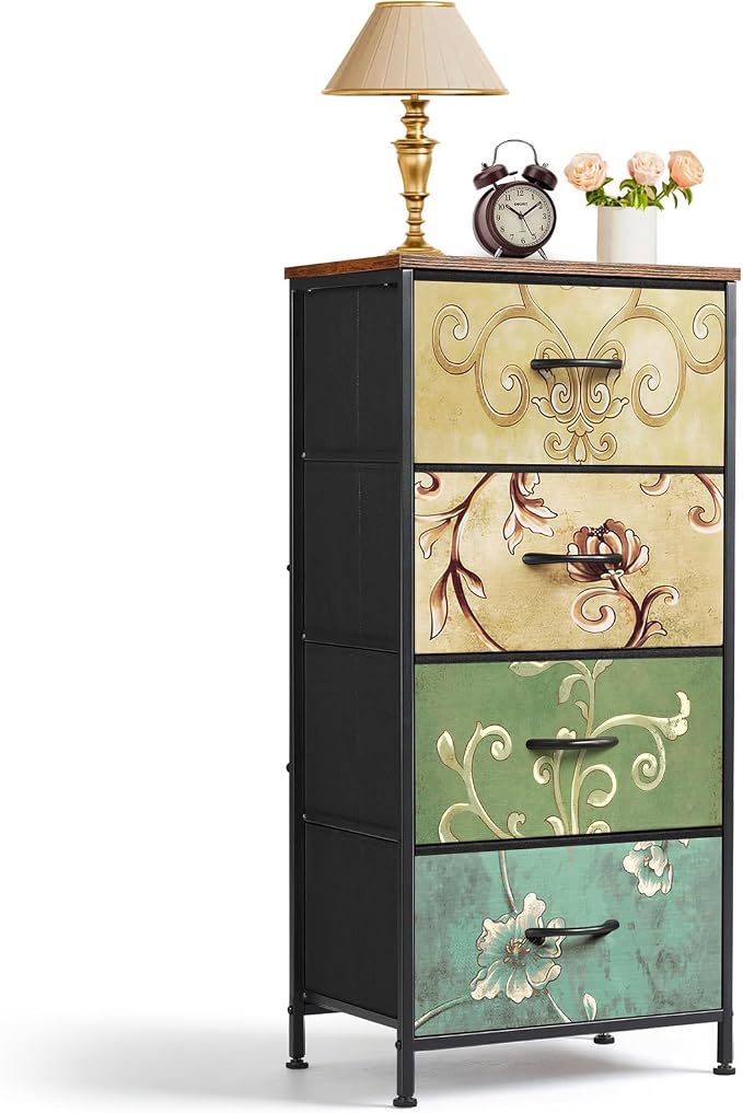4 Drawers Dresser for Bedroom Fabric Storage Tower with Wooden Top | Steel Frame Tall Chest of Drawers for Closet, Entryway, Dorm, Floral Painted