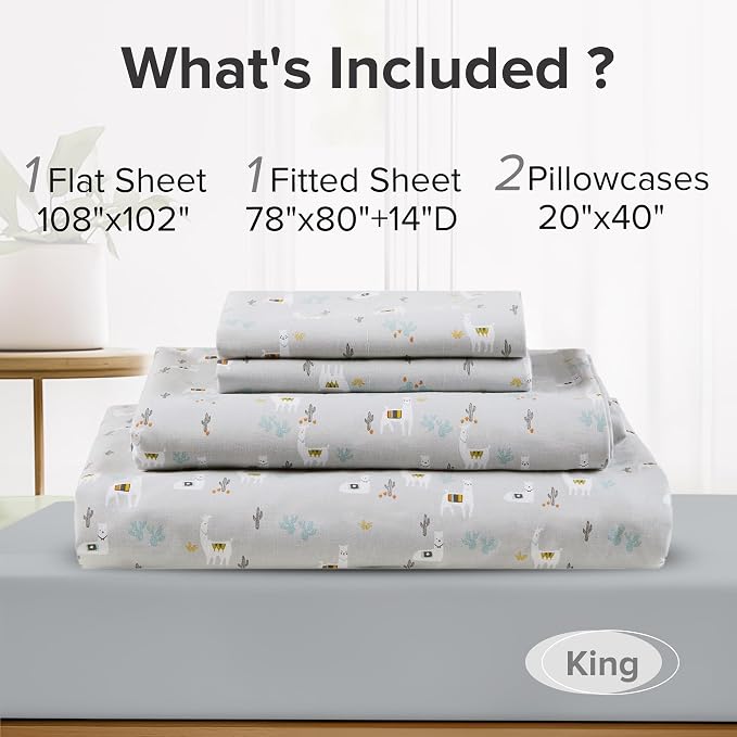 Comfort Spaces 100% Cotton Percale Sheets King Sheet Set 4 Pcs, Lama Multi | Crisp, Cool & Breathable Bed Sheets, 14" Deep Pocket Fits Up to 16" Mattress, Lightweight, All Season Cozy, with Pillow Case