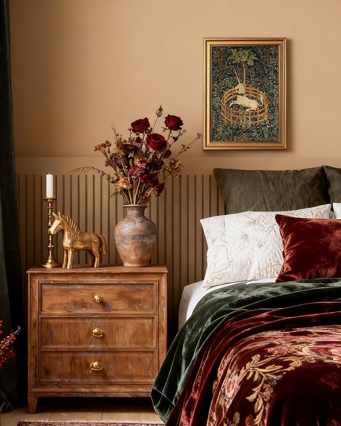 VIYYIEA Vintage Gold Framed Wall Art for Living Room, Unicorn Canvas Prints Home Decor, Oil Painting Picture, Bedroom Wall Decor Gifts for Friends or Family -【The Unicorn in Captivity】-(16L x 12W)