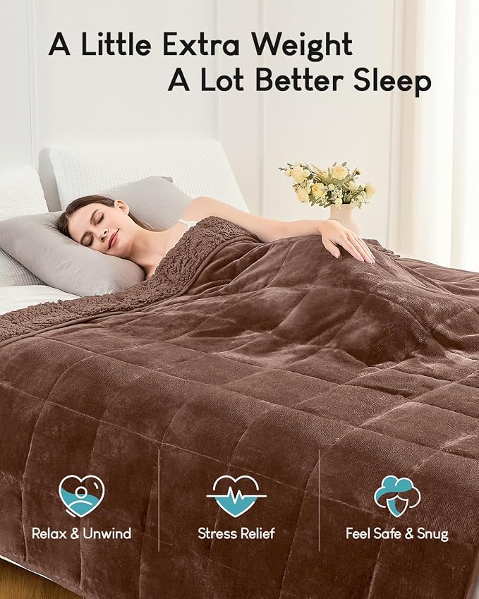Cottonblue Fleece Weighted Blanket for Adults 15lbs Queen Size 60x80in Soft | Cozy Flannel Sherpa Weighted Blanket Throw for Calm Sleep Relax, Warm Shaggy Bed Sofa Couch Heavy Blanket, Chocolate Brown