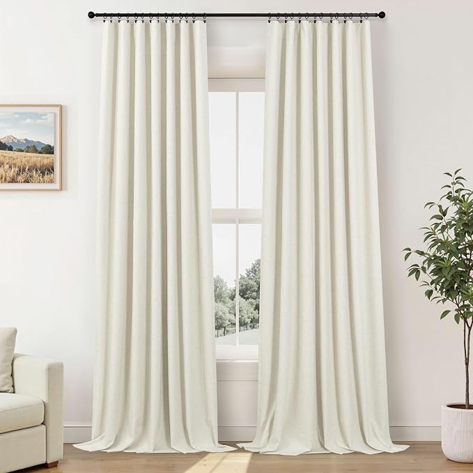 Pitalk Extra Wide Curtains 60 Inches Wide for Living Room 84 Inch Length 2 Panels Thick Back Tab Pleated Cream Linen Blackout Dark Out Sliding Door Window Curtains Thermal Privacy Drapes 60x84 Long