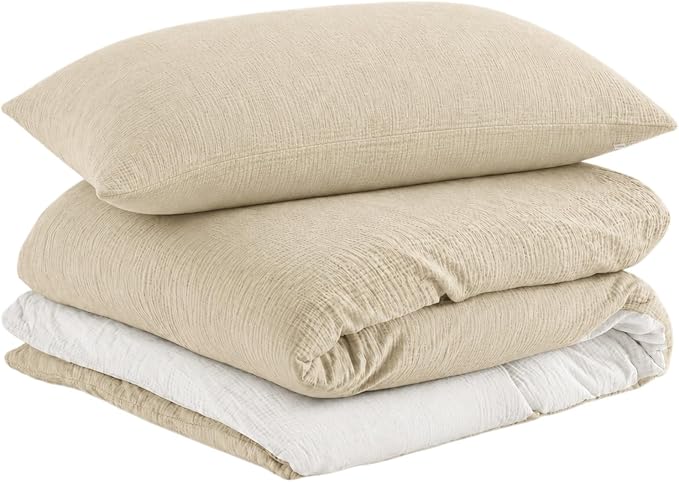EMME Cotton Muslin Duvet Cover Set Twin Size Linen Like Soft Breathable Lightweight Summer Comforter Cover Set with Zipper Closure (Light Tan&White, Twin, 68"x90")