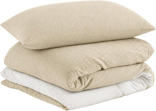 EMME Cotton Muslin Duvet Cover Set Twin Size Linen Like Soft Breathable Lightweight Summer Comforter Cover Set with Zipper Closure (Light Tan&White, Twin, 68"x90")