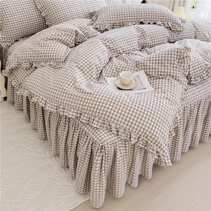LifeTB Tan Gingham Comforter Set King Vintage Ruffle Beige Taupe Plaid Comforter Set 3 Pieces Soft Fluffy Grid Checkered Pattern Comforter with 2 Pillowcases Farmhouse Gingham Plaid Bedding Set