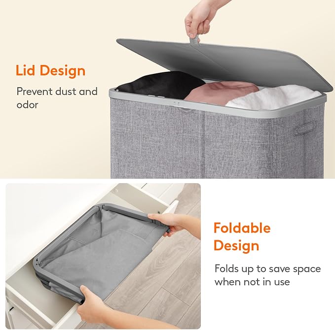 Lifewit 185L 3 Section Laundry Hamper with Lid, Laundry Basket, Light Gray | Large Foldable Laundry Sorter with 3 Removable Bags, Tall Clothes Hamper for Bedroom and Bathroom