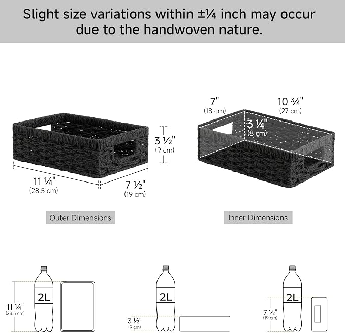 StorageWorks Wicker Baskets for Organizing, Paper Rope Black Baskets,2-Pack | Black Wicker Basket, Black Storage Basket, Woven Baskets for Storage, Small Baskets for Organizing, Wicker Storage Baskets