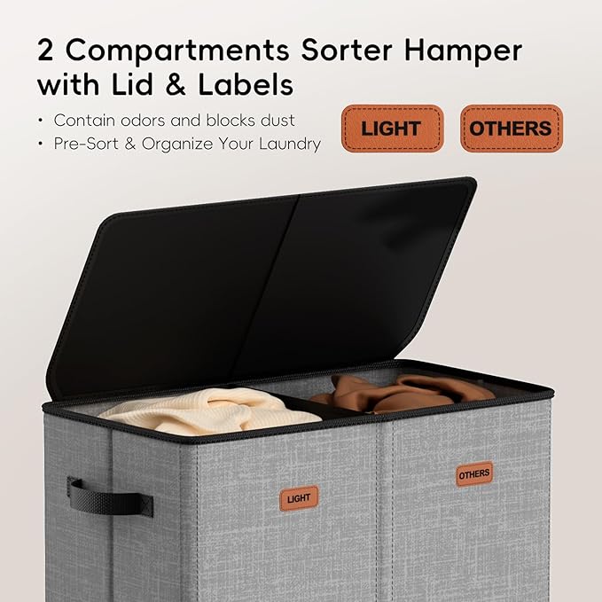 150L Double Laundry Hamper With Lid, Large Clothes Hampers with Removable Bag, Laundry Hamper 2 Section for Bathroom, Bedroom, Laundry Room, Dorm, Grey
