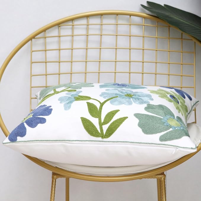 Pack of 2 Embroidered Decorative Throw Pillow Cover 18x18 Inch Farmhouse Floral Pillowcase for Living Room Sofa Bed (Grass Flower)
