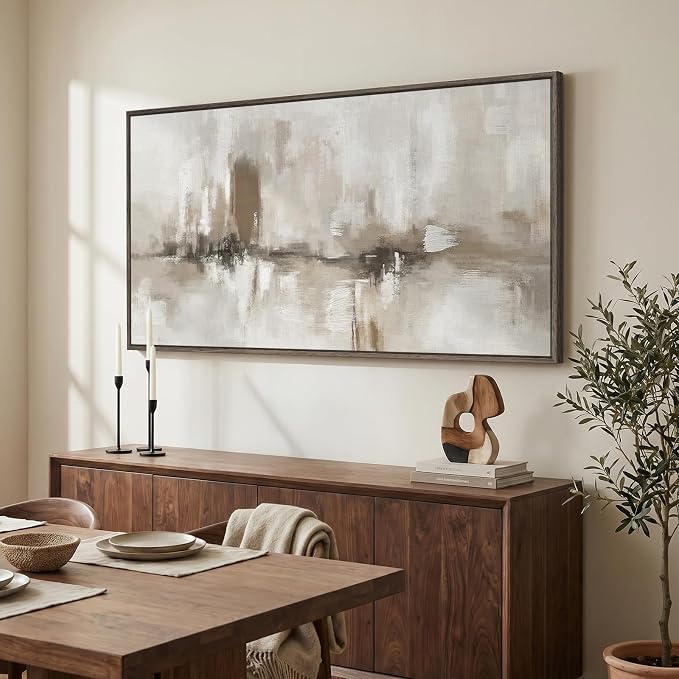 Large Framed Neutral Abstract Wall Art for Living Room, Horizontal 60x30 In | Modern beige brown pictures, Canvas prints, Wood frame, Minimalist artwork for walls, Wall decor for bedroom dining office